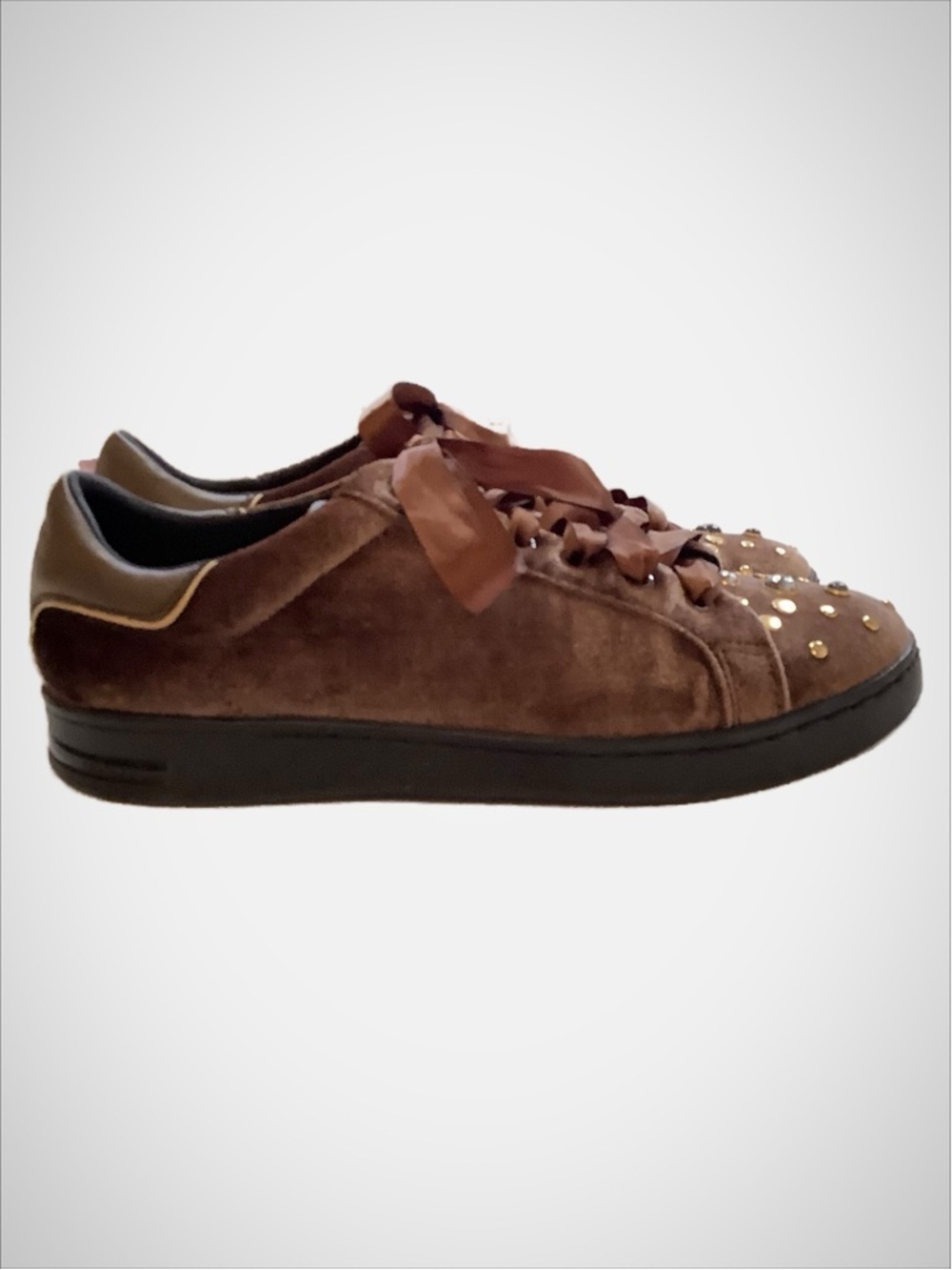 GEOX Jaysen Velvet Studded Sneakers Brown Gold Gem Respira Low Top Size 39 US 9